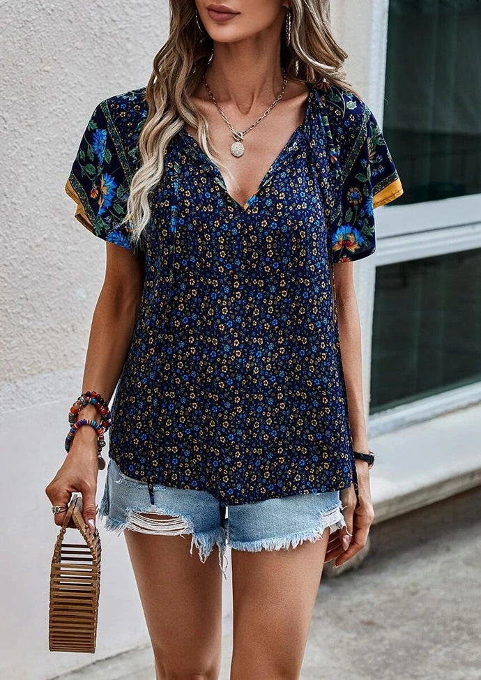 Floral Boho Tie Detail V Neck T-shirt