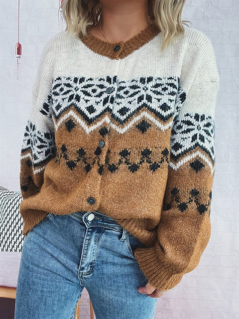 Vintage Christmas Snowflake Jacquard Knitted Cardigan