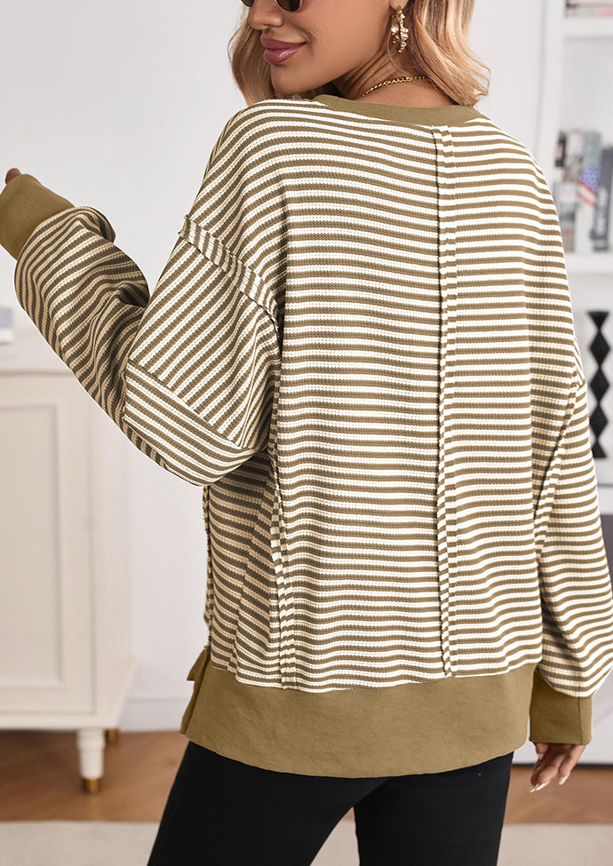 Side Split Striped Crew Neck Sweatshirt