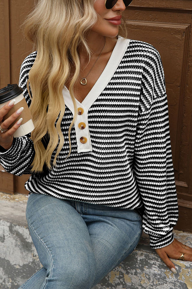 Button Detail V Neck Long Sleeve T-shirt