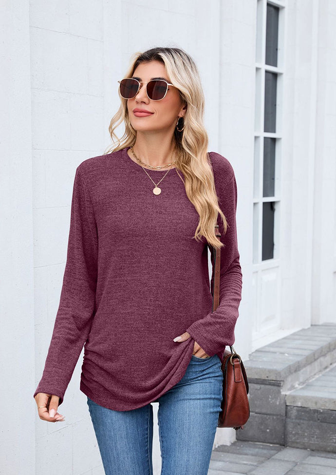 Side Pleated Crew Neck Long Sleeve T-shirt