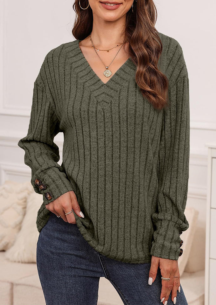 V Neck Button Detail Textued Casual T-shirt
