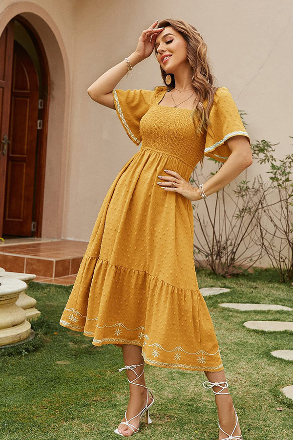 Textured Smocked Midi Dress with Embroidered Trim Yellow - Dresses from Cindelily