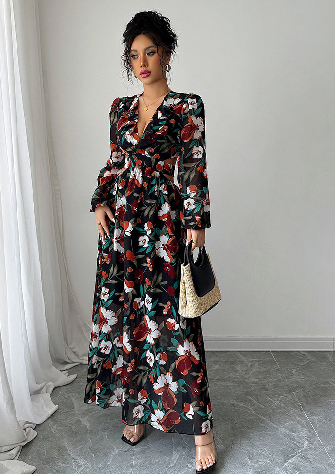 Ruffle Floral V Neck Cut Out Back Maxi Dress