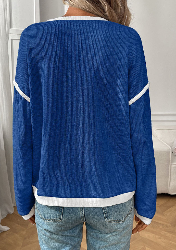 Textured Crew Neck Color Block Casual Top