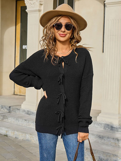 Button Up Bow Tie Knitted Cardigan
