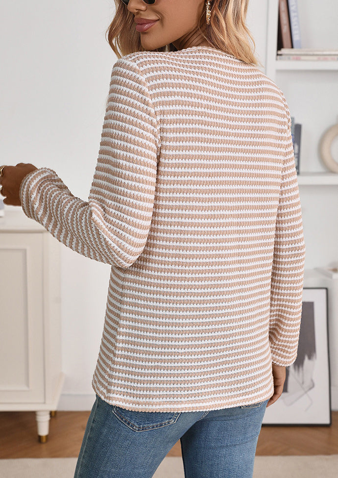 Textured Button Up Stripe Casual T-shirt