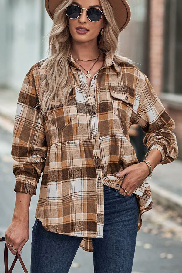 Waist Pleated Patchwork Plaid Flannel Rop Khaki - Blouses & Shirts from Cindelily
