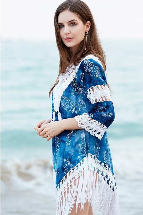 Paisley Print Crochet Fringe Trim Cover-Up - Cover-Up from Cindelily
