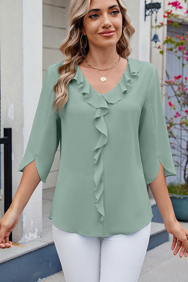 Chiffon Half-Sleeve V-Neck Ruffle Blouse - Blouses & Shirts from Cindelily