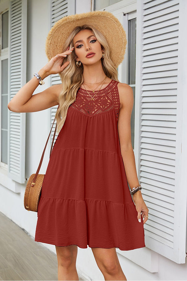 Lace Sleeveless Crochet-Trim Midi Dress Rust red - Dresses from Cindelily