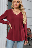 V Neck Pleated Long Sleeve Casual Tunic - T-Shirts & Tunics from Cindelily