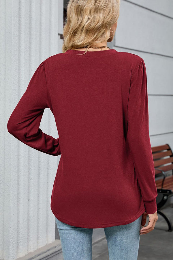 V Neck Pleated Long Sleeve Casual Tunic - T-Shirts & Tunics from Cindelily