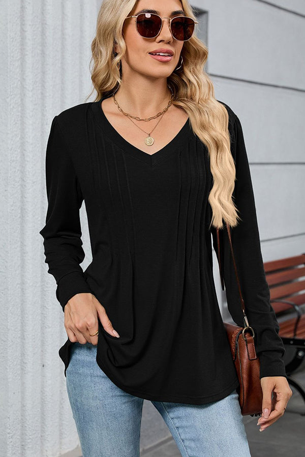 V Neck Pleated Long Sleeve Casual Tunic Black - T-Shirts & Tunics from Cindelily
