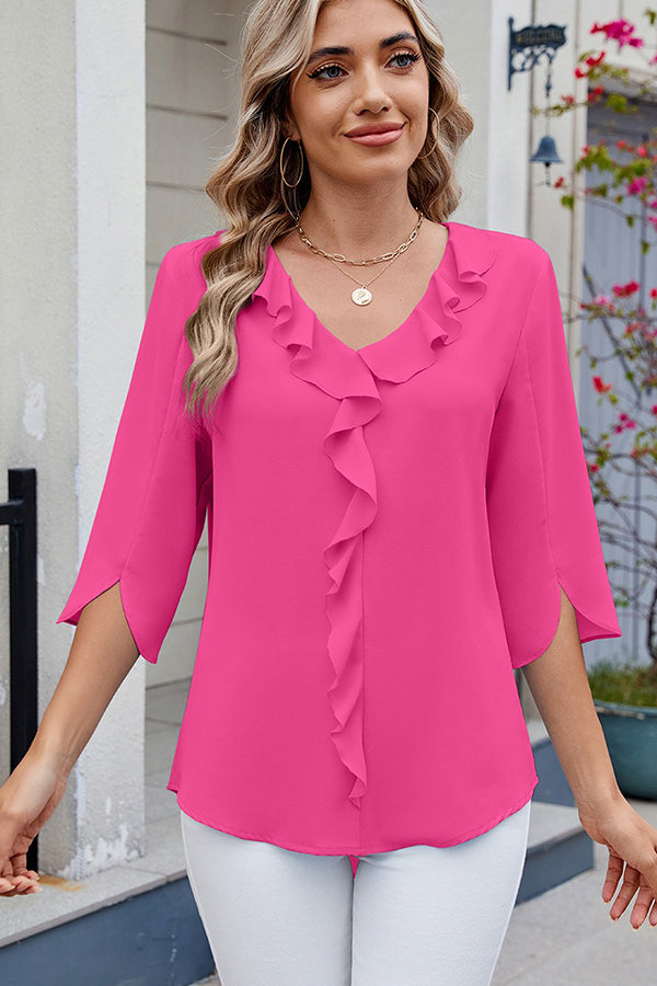 Chiffon Half-Sleeve V-Neck Ruffle Blouse - Blouses & Shirts from Cindelily
