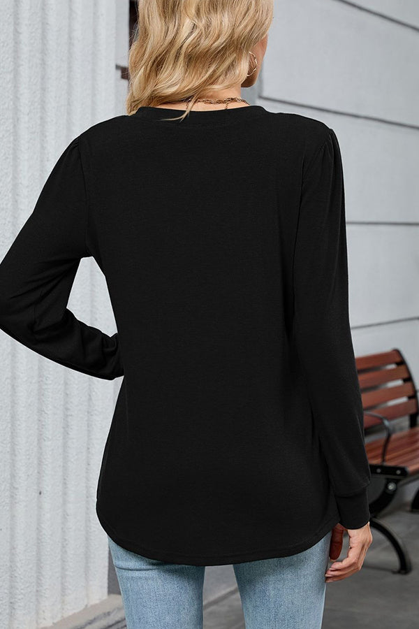 V Neck Pleated Long Sleeve Casual Tunic - T-Shirts & Tunics from Cindelily