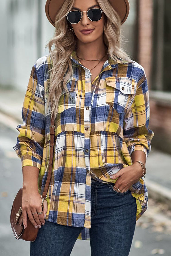 Waist Pleated Patchwork Plaid Flannel Rop Yellow - Blouses & Shirts from Cindelily