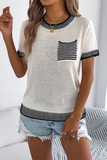 Two-tone Striped Pocket Knitted Top Beige - T-Shirts & Tunics from Cindelily