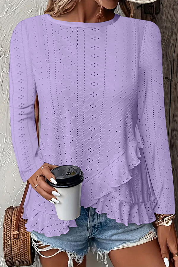 Broderie Anglaise Ruffled Hem Blouse Purple - Blouses & Shirts from Cindelily