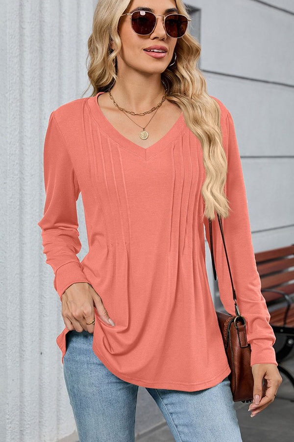 V Neck Pleated Long Sleeve Casual Tunic Pink - T-Shirts & Tunics from Cindelily