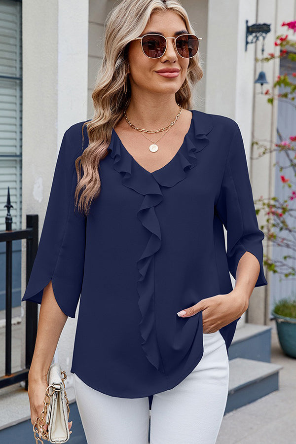 Chiffon Half-Sleeve V-Neck Ruffle Blouse Navy blue - Blouses & Shirts from Cindelily
