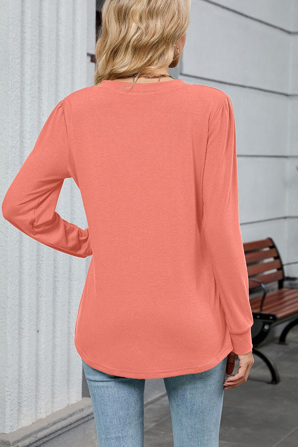 V Neck Pleated Long Sleeve Casual Tunic - T-Shirts & Tunics from Cindelily