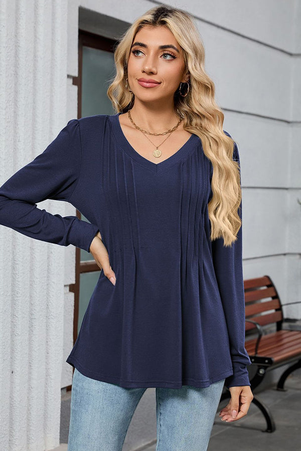 V Neck Pleated Long Sleeve Casual Tunic - T-Shirts & Tunics from Cindelily
