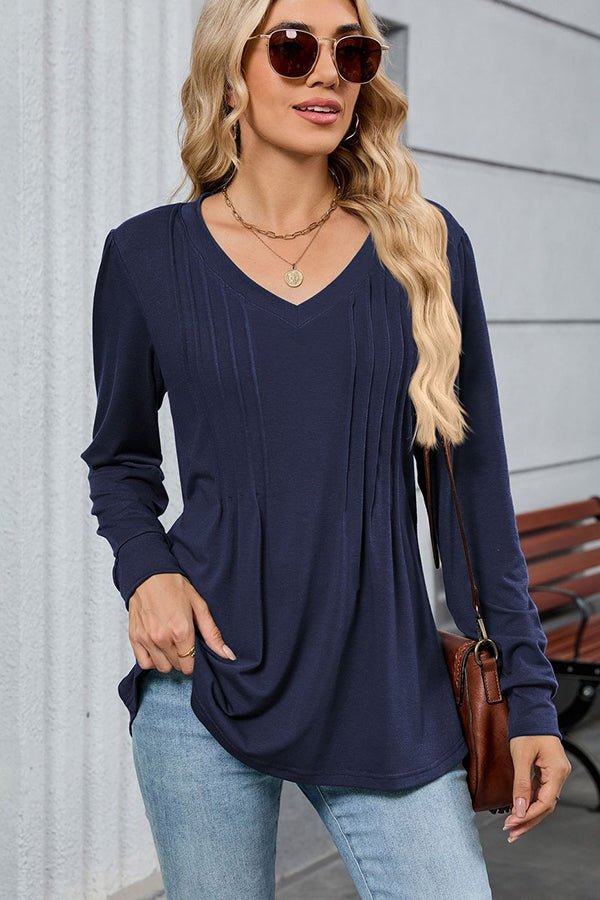 V Neck Pleated Long Sleeve Casual Tunic Navy blue - T-Shirts & Tunics from Cindelily