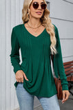 V Neck Pleated Long Sleeve Casual Tunic Green - T-Shirts & Tunics from Cindelily