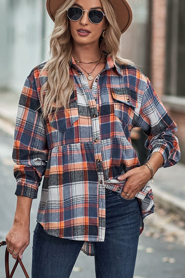 Waist Pleated Patchwork Plaid Flannel Rop Navy blue - Blouses & Shirts from Cindelily