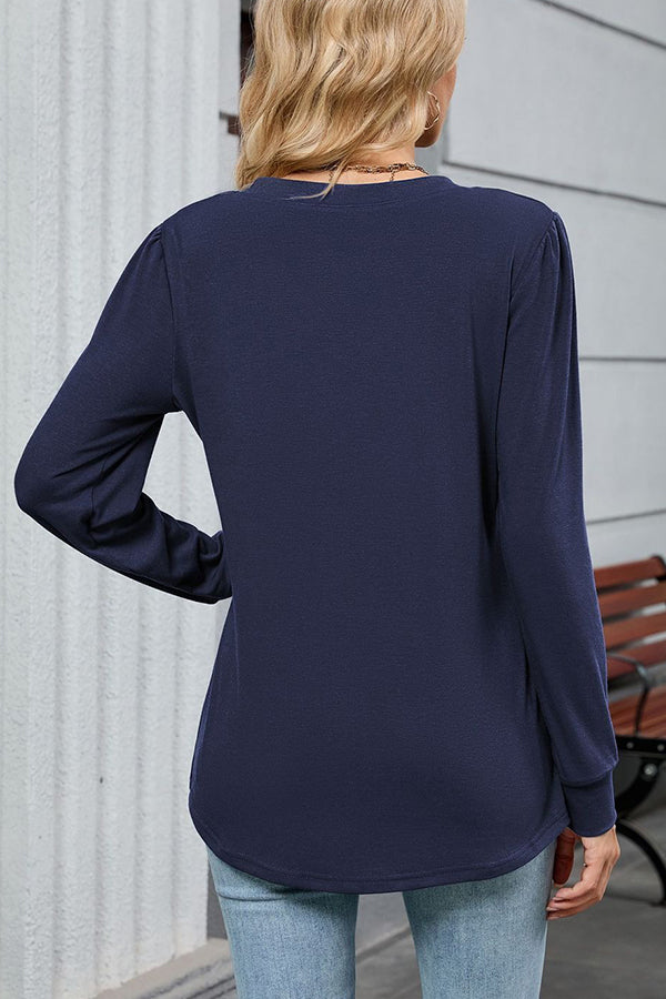 V Neck Pleated Long Sleeve Casual Tunic - T-Shirts & Tunics from Cindelily