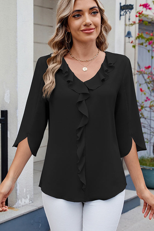 Chiffon Half-Sleeve V-Neck Ruffle Blouse Black - Blouses & Shirts from Cindelily