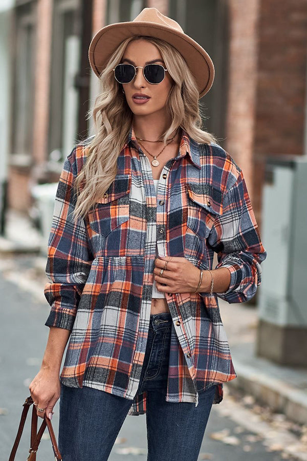 Waist Pleated Patchwork Plaid Flannel Rop - Blouses & Shirts from Cindelily