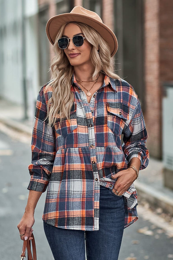 Waist Pleated Patchwork Plaid Flannel Rop - Blouses & Shirts from Cindelily