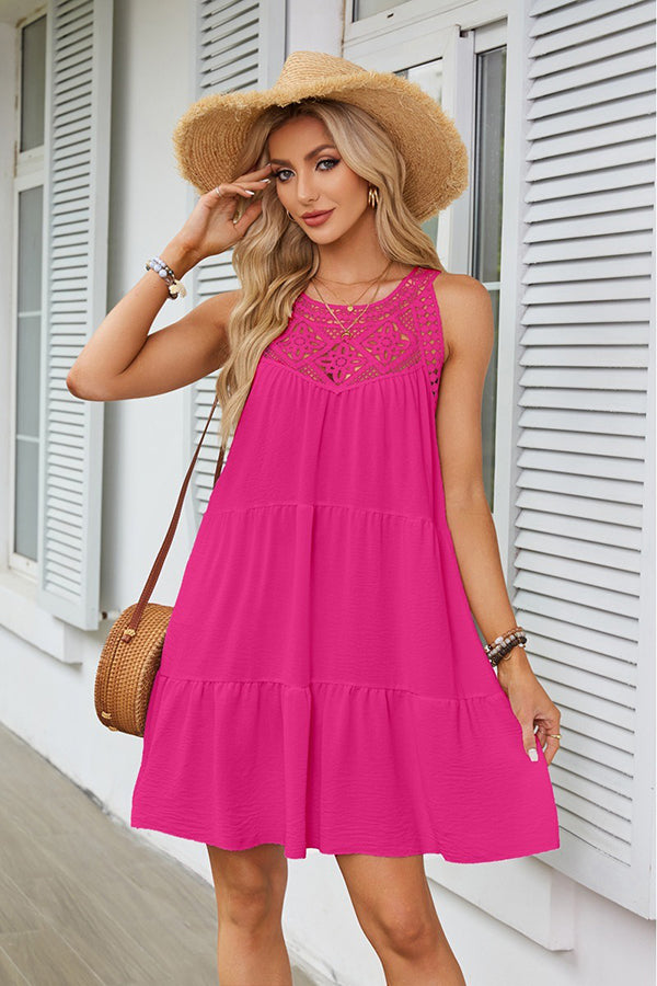 Lace Sleeveless Crochet-Trim Midi Dress Hot pink - Dresses from Cindelily