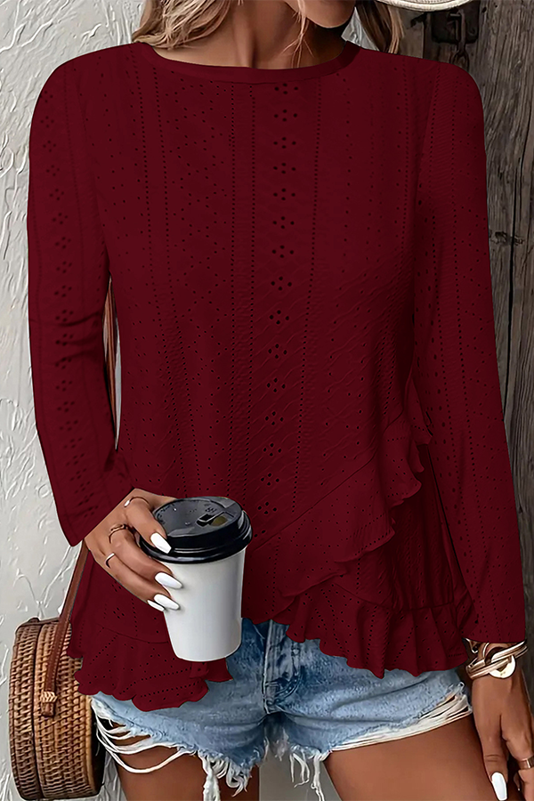 Broderie Anglaise Ruffled Hem Blouse Dark red - Blouses & Shirts from Cindelily