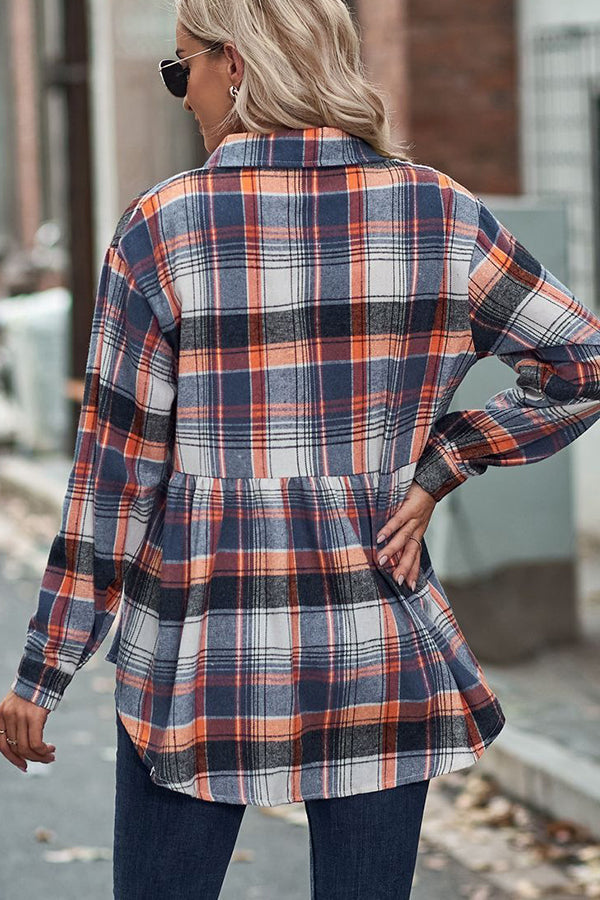 Waist Pleated Patchwork Plaid Flannel Rop - Blouses & Shirts from Cindelily
