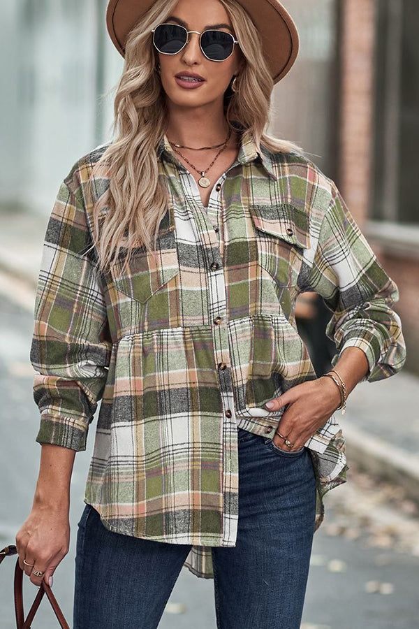 Waist Pleated Patchwork Plaid Flannel Rop Green - Blouses & Shirts from Cindelily
