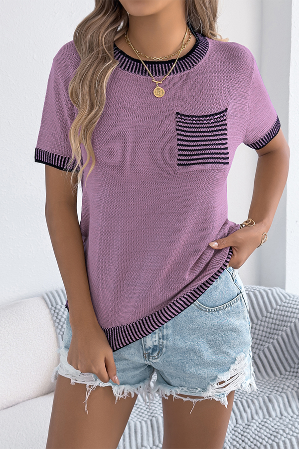 Two-tone Striped Pocket Knitted Top Purple - T-Shirts & Tunics from Cindelily