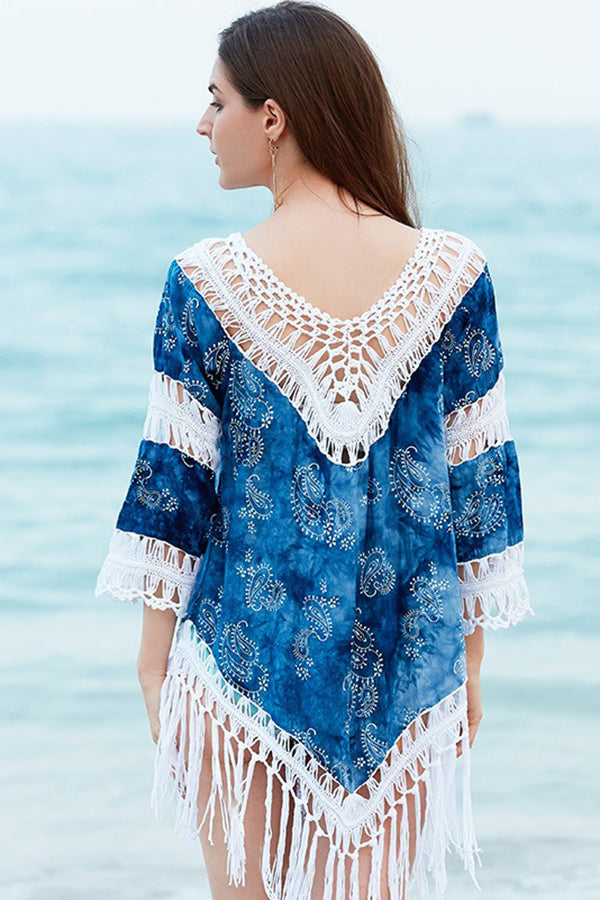 Paisley Print Crochet Fringe Trim Cover-Up - Cover-Up from Cindelily