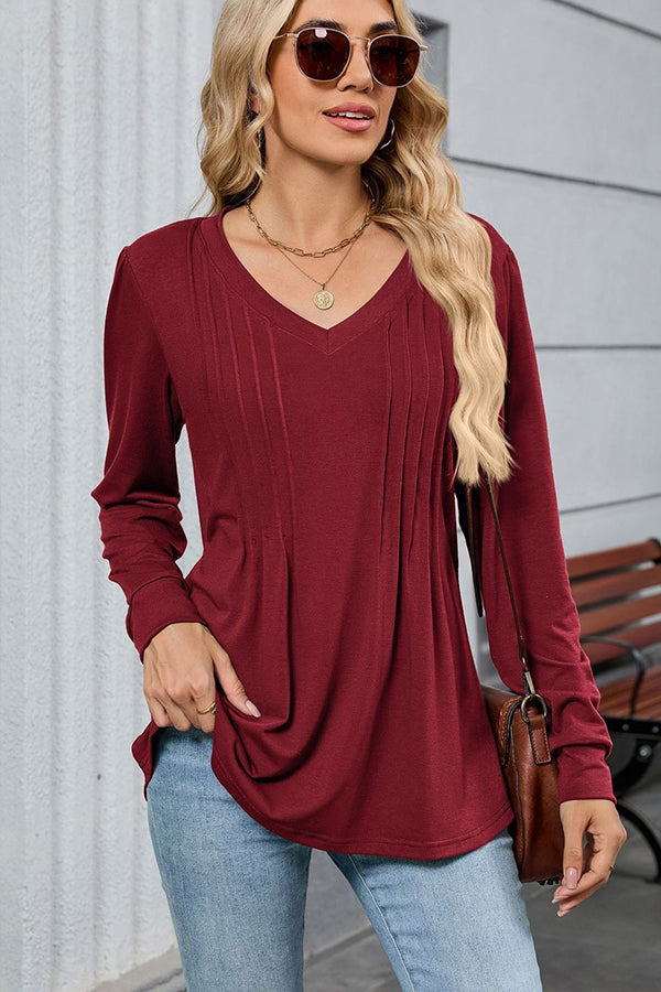 V Neck Pleated Long Sleeve Casual Tunic Maroon - T-Shirts & Tunics from Cindelily