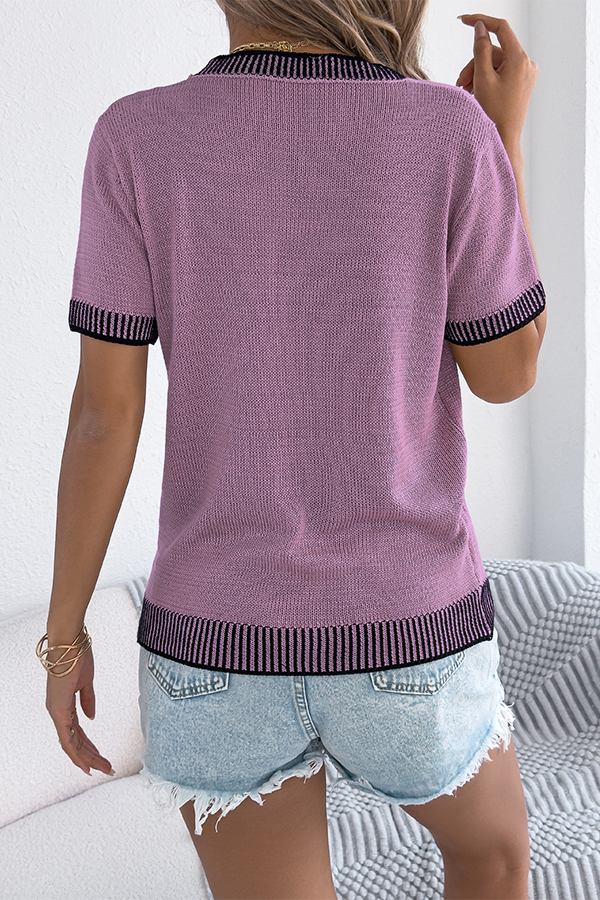 Two-tone Striped Pocket Knitted Top - T-Shirts & Tunics from Cindelily
