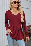 V Neck Pleated Long Sleeve Casual Tunic Maroon - T-Shirts & Tunics from Cindelily