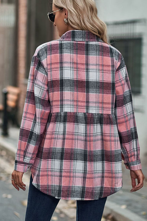 Waist Pleated Patchwork Plaid Flannel Rop - Blouses & Shirts from Cindelily