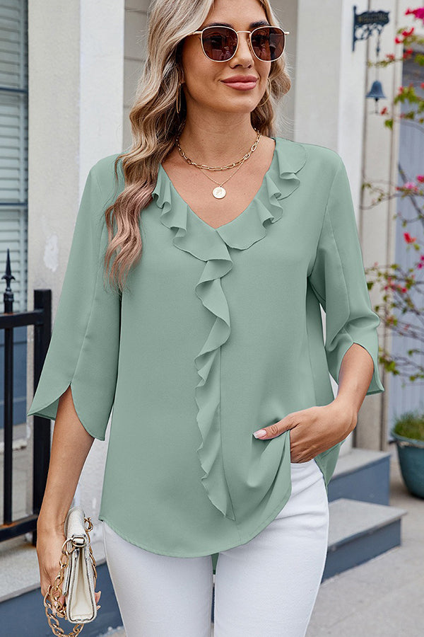 Chiffon Half-Sleeve V-Neck Ruffle Blouse Light green - Blouses & Shirts from Cindelily