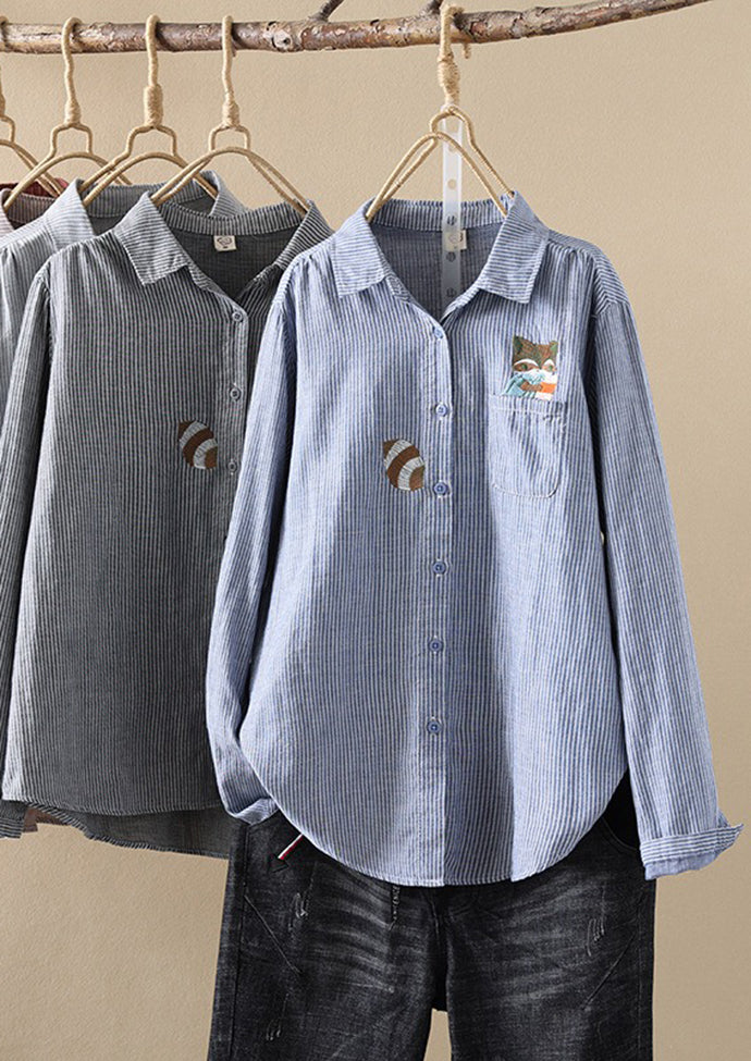 Fox Embroidered Striped Button Up Shirt