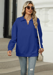 Solid Turndown Collar V Neck Sweatshirt