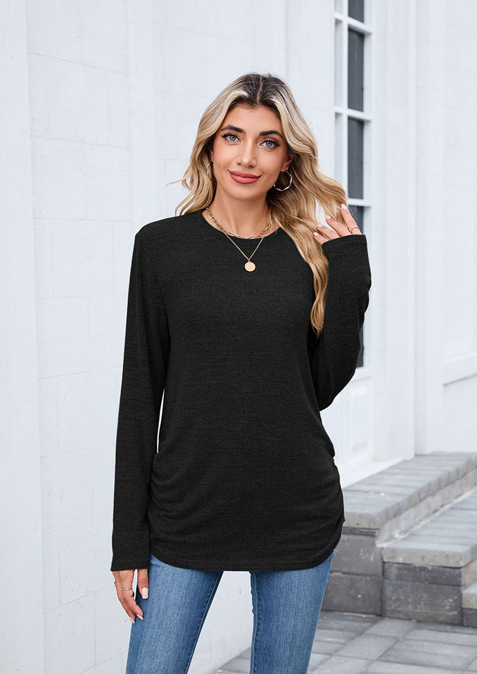 Side Pleated Crew Neck Long Sleeve T-shirt