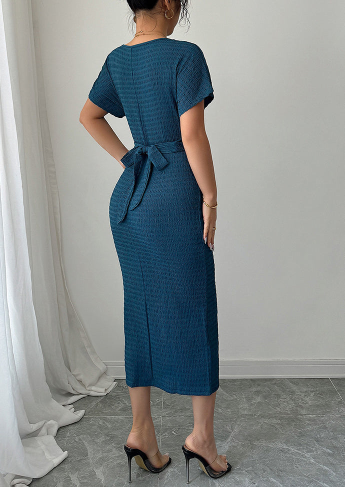 Textured Crew Neck Side Split Wrap Dress