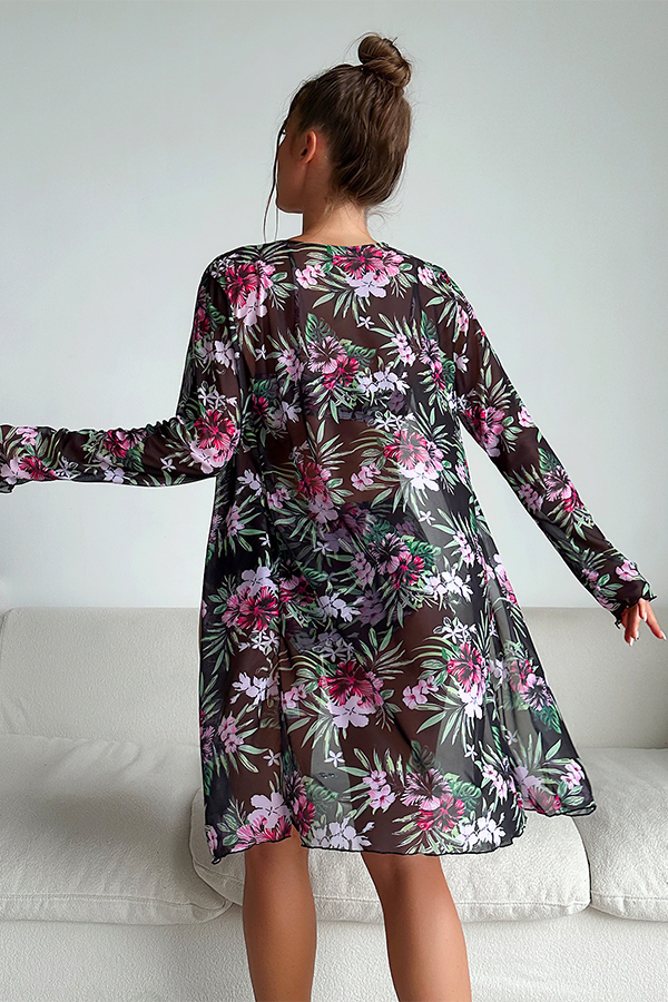 Floral Bikini & Sheer Cover-Up 3-Piece Set - Swimwear from Cindelily